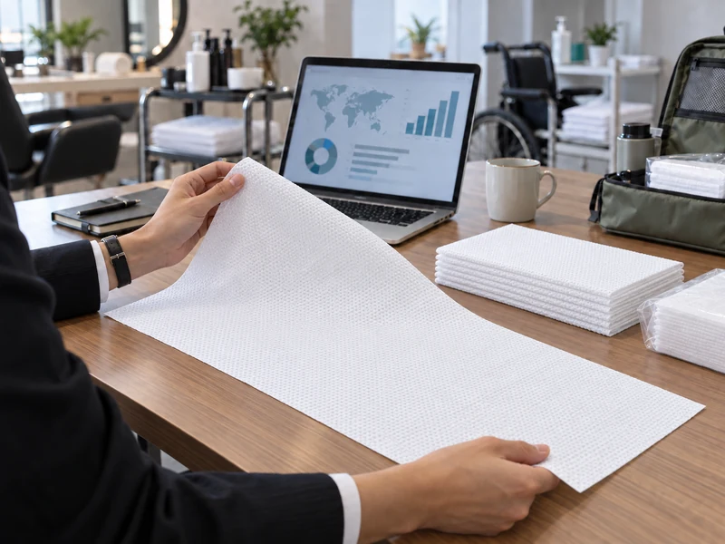 A professional buyer reviews a 40 x 80 cm pearl-pattern disposable spunlace nonwoven salon towel beside sourcing data and packaged product formats.