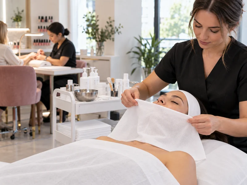 Beauty professional preparing a client with a thin disposable nonwoven face towel while a nail station operates in the background