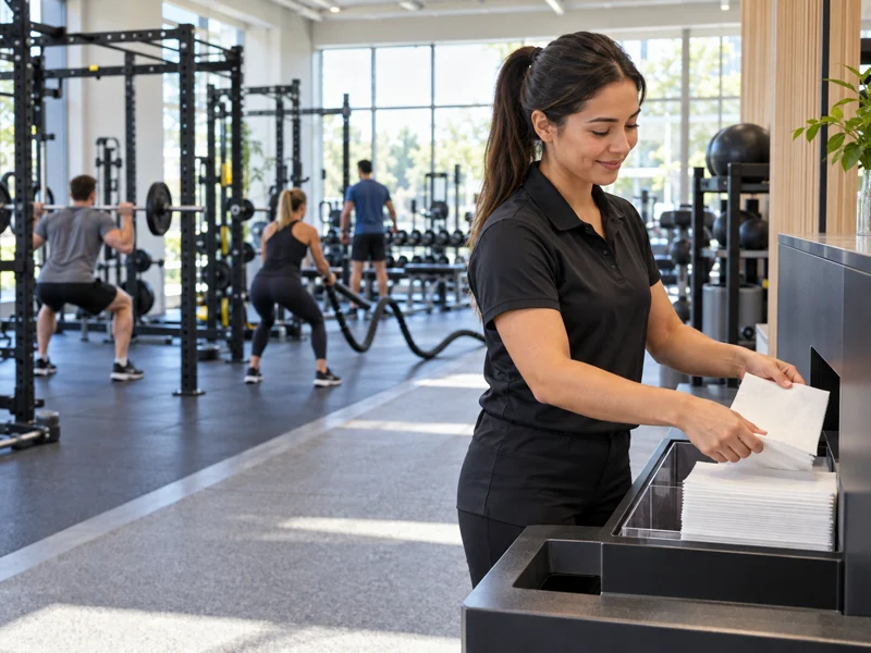 Fitness club employee restocking a station with thin folded disposable nonwoven towels while members train