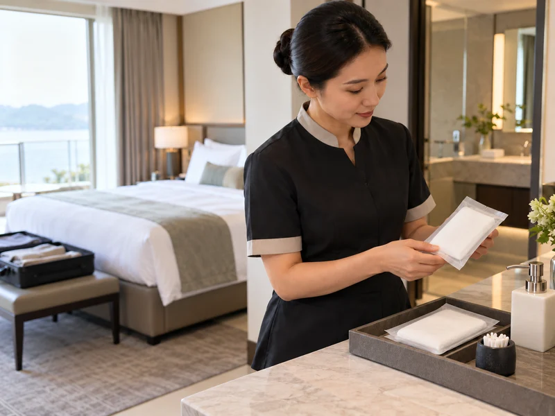 Hotel housekeeping supervisor inspecting plain individually wrapped disposable nonwoven towel amenities in a guest room