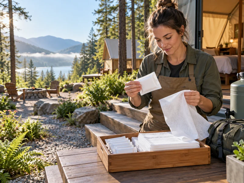 Glamping operator preparing a plain hygiene kit with a thin disposable nonwoven towel beside a forest cabin