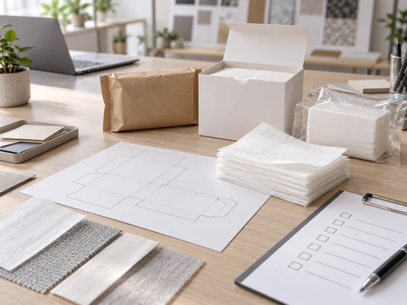 Unbranded disposable face towel packaging prototypes, thin nonwoven sheets, blank dieline and checklist on a product-development desk