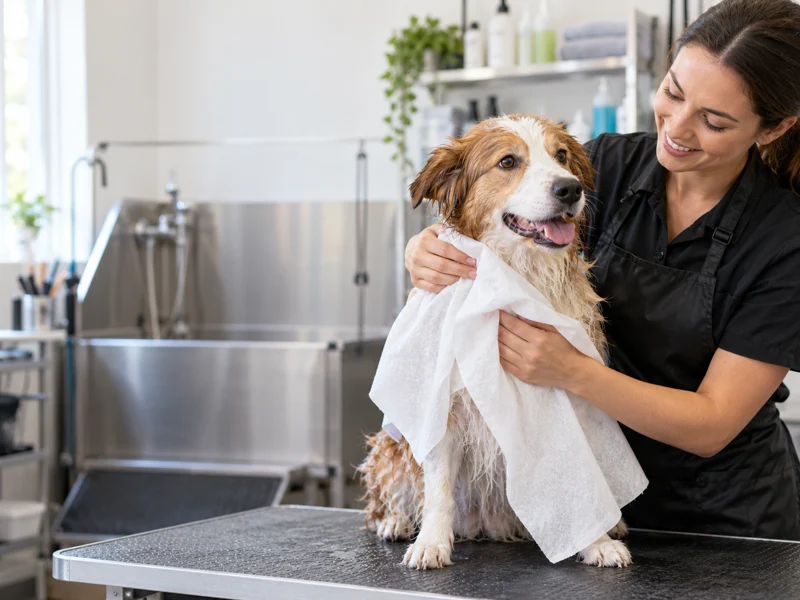 Professional groomer drying a damp dog with a thin white disposable nonwoven pet towel