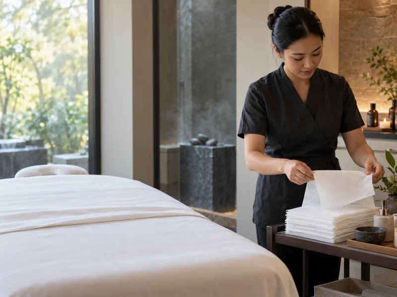 Spa therapist organizing thin folded disposable nonwoven towels beside a prepared treatment table